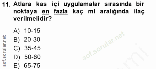 11. soru: Atlara kas içi uygulamalar sırasında bir noktaya en fazla kaç ml aralığında ilaç verilmelidir? A) 10-15 B) 20-30 C) 3…