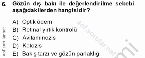6. soru: Gözün dış bakı ile değerlendirilme sebebi aşağıdakilerden hangisidir? A) Optik ödem B) Retinal yırtık kontrolü C) Avi…