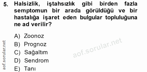 5. soru: Halsizlik, iştahsızlık gibi birden fazla semptomun bir arada görüldüğü ve bir hastalığa işaret eden bulgular topluluğ…