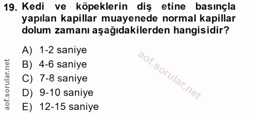 19. soru: Kedi ve köpeklerin diş etine basınçla yapılan kapillar muayenede normal kapillar dolum zamanı aşağıdakilerden hangisi…
