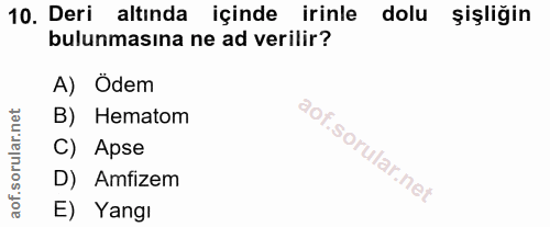 10. soru: Deri altinda içinde irinle dolu şişliğin bulunmasına ne ad verilir? A) Ödem B) Hematom C) Apse D) Amfizem E) Yangı
