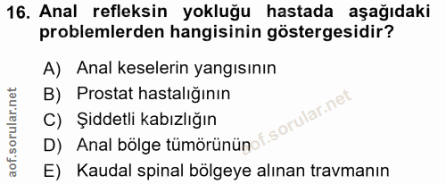 16. soru: Anal refleksin yokluğu hastada aşağıdaki problemlerden hangisinin göstergesidir? A) Anal keselerin yangısının B) Pros…