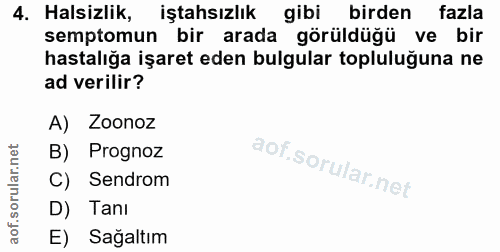 4. soru: Halsizlik, iştahsızlık gibi birden fazla semptomun bir arada görüldüğü ve bir hastalığa işaret eden bulgular topluluğ…