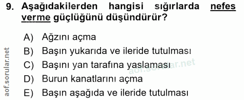 9. soru: Aşağıdakilerden hangisi sığırlarda nefes verme güçlüğünü düşündürür? A) Ağzını açma B) Başın yukarıda ve ileride tutu…