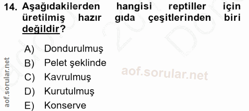 14. soru: Aşağıdakilerden hangisi reptiller için üretilmiş hazır gıda çeşitlerinden biri değildir? A) Dondurulmuş B) Pelet şekl…