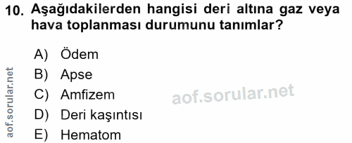 10. soru: Aşağıdakilerden hangisi deri altına gaz veya hava toplanması durumunu tanımlar? A) Ödem B) Apse lof. C) Amfizem D) De…