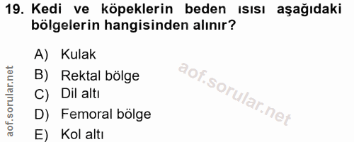19. soru: Kedi ve köpeklerin beden ısısı aşağıdaki bölgelerin hangisinden alınır? A) Kulak B) Rektal bölge C) Dil altı D) Femor…