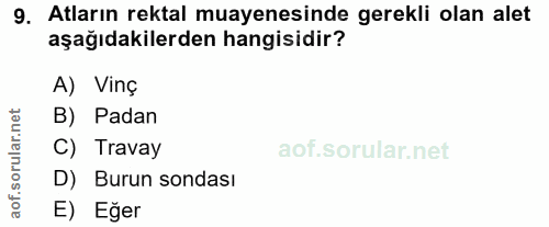 9. soru: Atların rektal muayenesinde gerekli olan alet aşağıdakilerden hangisidir? A) Vinç rular.net B) Padan C) Travay D) Bur…