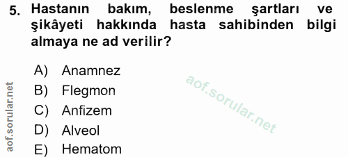 5. soru: Hastanın bakım, beslenme şartları ve şikâyeti hakkında hasta sahibinden bilgi almaya ne ad verilir? A) Anamnez B) Fle…