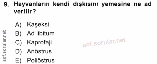 9. soru: Hayvanların kendi dışkısını yemesine ne ad verilir? A) Kaşeksi orular.net B) Ad libitum C) Kaprofaji aof.s D) Anöstru…