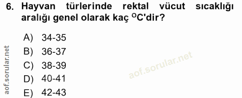 6. soru: Hayvan türlerinde rektal vücut sıcaklığı aralığı genel olarak kaç ºC'dir? A) 34-35 B) 36-37 C) 38-39 D) 40-41 E) 42-43