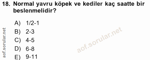 18. soru: Normal yavru köpek ve kediler kaç saatte bir beslenmelidir? A) 1/2-1 B) 2-3 C) 4-5 D) 6-8 E) 9-11