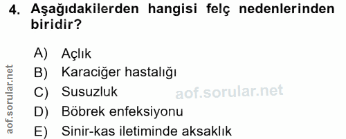 4. soru: Aşağıdakilerden hangisi felç nedenlerinden biridir? A) Açlık B) Karaciğer hastalığı C) Susuzluk D) Böbrek enfeksiyonu…