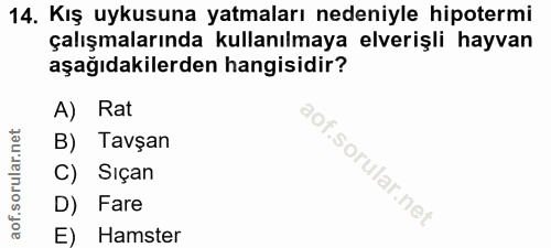 14. soru: Kış uykusuna yatmaları nedeniyle hipotermi çalışmalarında kullanılmaya elverişli hayvan aşağıdakilerden hangisidir? A…