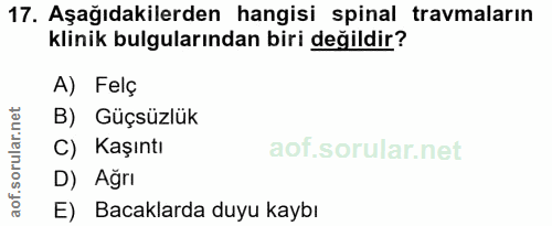17. soru: Aşağıdakilerden hangisi spinal travmaların klinik bulgularından biri değildir? A) Felç B) Güçsüzlük C) Kaşıntı D) Ağr…