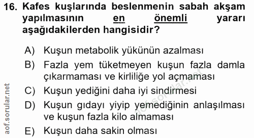 16. soru: Kafes kuşlarında beslenmenin sabah akşam yapılmasının en önemli yararı aşağıdakilerden hangisidir? A) Kuşun metabolik…
