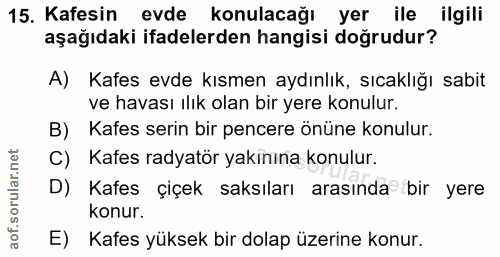 15. soru: Kafesin evde konulacağı yer ile ilgili aşağıdaki ifadelerden hangisi doğrudur? A) Kafes evde kısmen aydınlık, sıcaklı…