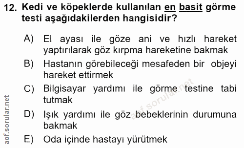 12. soru: Kedi ve köpeklerde kullanılan en basit görme testi aşağıdakilerden hangisidir? A) El ayası ile göze ani ve hızlı hare…