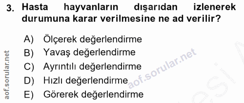 3. soru: Hasta hayvanların dışarıdan izlenerek durumuna karar verilmesine ne ad verilir? A) Ölçerek değerlendirme B) Yavaş değ…
