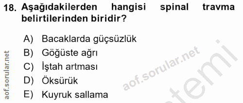 18. soru: Aşağıdakilerden hangisi spinal travma belirtilerinden biridir? A) Bacaklarda güçsüzlük B) Göğüste ağrı C) Iştah artma…