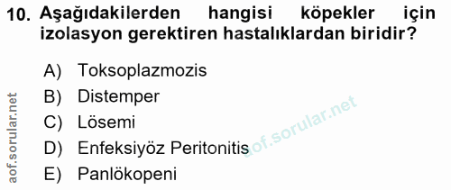 10. soru: Aşağıdakilerden hangisi köpekler için izolasyon gerektiren hastalıklardan biridir? A) Toksoplazmozis Distemper D) Enf…