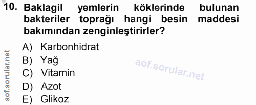 10. soru: Baklagil yemlerin köklerinde bulunan bakteriler toprağı hangi besin maddesi bakımından zenginleştirirler? A) Karbonhi…