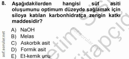 8. soru: Aşağıdakilerden hangisi süt asiti oluşumunu optimum düzeyde şağlamak için siloya katılan karbonhidratça zengin katkr…