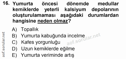 16. soru: Yumurta öncesi dönemde medullar kemiklerde yeterli kalsiyum depolarının oluşturulamaması aşağıdaki durumlardan hangis…
