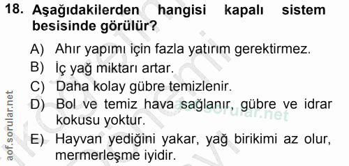 18. soru: Aşağıdakilerden hangisi kapalı sistem besisinde görülür? A) Ahır yapımı için fazla yatırım gerektirmez. B) İç yağ mik…