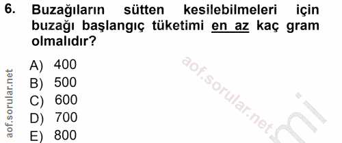 6. soru: Buzağıların sütten kesilebilmeleri için buzağı başlangıç tüketimi en az kaç gram olmalıdır? A) 400 500 600 D) 700 E) 800