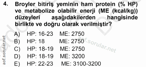 4. soru: Broyler bitiriş yeminin ham protein (% HP) ve metabolize olabilir enerji (ME (kcal/kg)) düzeyleri aşağıdakilerden han…