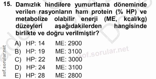 15. soru: Damızlık hindilere yumurtlama döneminde verilen rasyonların ham protein (% HP) ve metabolize olabilir enerji (ME, kca…