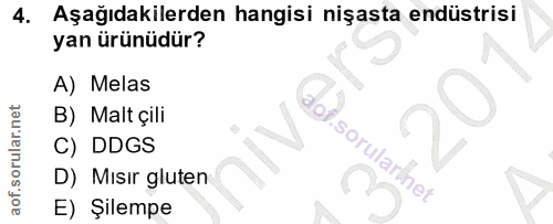 4. soru: Aşağıdakilerden hangisi nişasta endüstrisi yan ürünüdür? A) Melas B) Malt çili C) DDGS .sorularlet D) Mısır gluten E)…