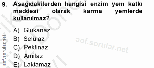 9. soru: Aşağıdakilerden hangisi enzim yem katkı maddesi olarak karma yemlerde kullanılmaz? A) Glukanaz B) Selülaz C) Pektinaz…