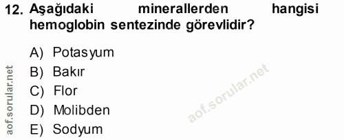 12. soru: Aşağıdaki minerallerden hangisi hemoglobin sentezinde görevlidir? A) Potasyum B) Bakır C) Flor D) Molibden E) Sodyum