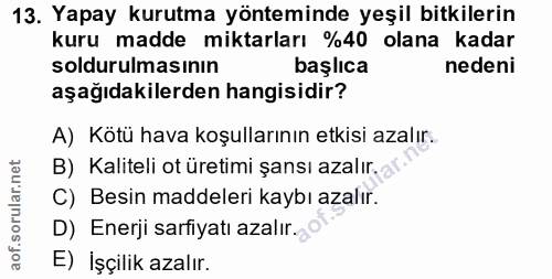 13. soru: Yapay kurutma yönteminde yeşil bitkilerin kuru madde miktarları %40 olana kadar soldurulmasının başlıca nedeni aşağıd…