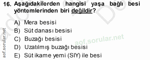 16. soru: Aşağıdakilerden hangisi yaşa bağlı besi yöntemlerinden biri değildir? A) Mera besisi B) Süt danası besisi C) Buzağı b…