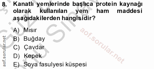 8. soru: Kanatlı yemlerinde başlıca protein kaynağı olarak kullanılan yem ham maddesi aşağıdakilerden hangisidir? A) Misır B)…