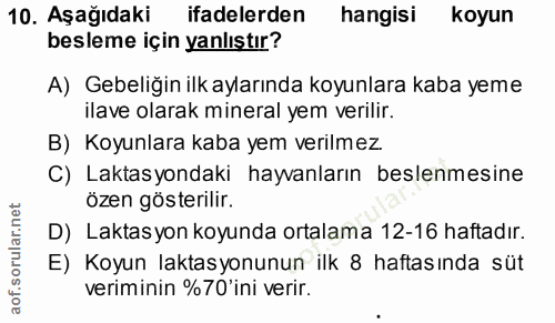 10. soru: Aşağıdaki ifadelerden hangisi koyun besleme için yanlıştır? A) Gebeliğin ilk aylarında koyunlara kaba yeme ilave olar…