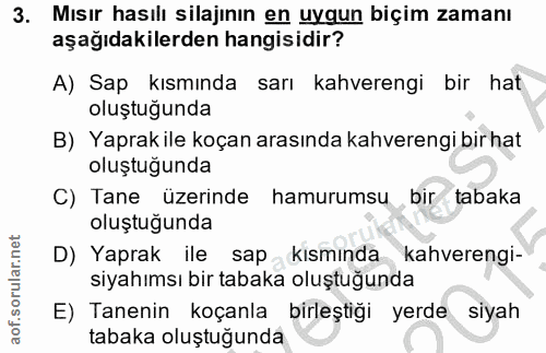 3. soru: Mısır hasıli silajının en uygun biçim zamanı aşağıdakilerden hangisidir? A) Sap kısmında sarı kahverengi bir hat oluş…