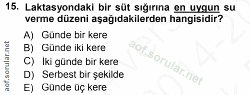 15. soru: Laktasyondaki bir süt sığırına en uygun su verme düzeni aşağıdakilerden hangisidir? A) Günde bir kere B) Günde iki ke…