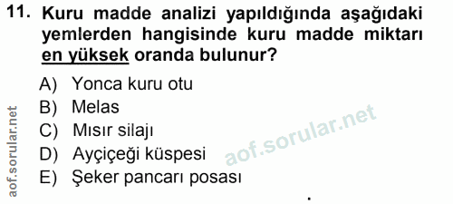 11. soru: Kuru madde analizi yapıldığında aşağıdaki yemlerden hangisinde kuru madde miktarı en yüksek oranda bulunur? A) Yonca…