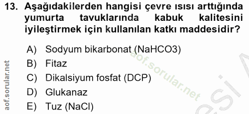 13. soru: Aşağıdakilerden hangisi çevre ısısı arttığında yumurta tavuklarında kabuk kalitesini iyileştirmek için kullanılan kat…