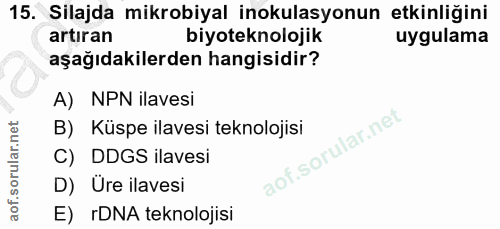 15. soru: Silajda mikrobiyal inokulasyonun etkinliğini artıran biyoteknolojik uygulama aşağıdakilerden hangisidir? A) NPN ilave…