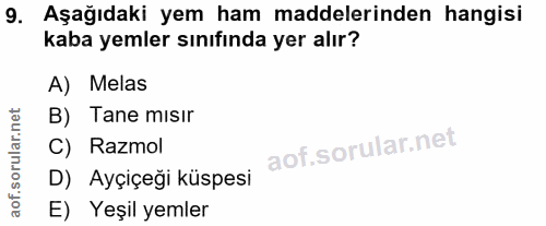 9. soru: Aşağıdaki yem ham maddelerinden hangisi kaba yemler sınıfında yer alır? A) Melas B) Tane mısır C) Razmol D) Ayçiçeği…