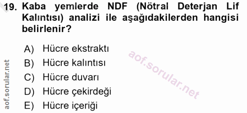 19. soru: Kaba yemlerde NDF (Nötral Deterjan Lif Kalıntısı) analizi ile aşağıdakilerden hangisi belirlenir? A) Hücre ekstraktı…