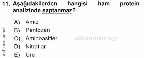 11. soru: Aşağıdakilerden hangisi ham protein analizinde saptanmaz? A) Amid B) Pentozan C) Aminoasitler D) Nitratlar E) Üre