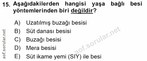 15. soru: Aşağıdakilerden hangisi yaşa bağlı besi yöntemlerinden biri değildir? A) Uzatılmış buzağı besisi B) Süt danası besisi…