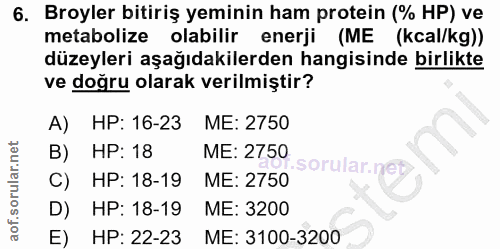 6. soru: Broyler bitiriş yeminin ham protein (% HP) ve metabolize olabilir enerji (ME (kcal/kg)) düzeyleri aşağıdakilerden han…
