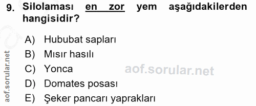 9. soru: Silolaması en zor yem aşağıdakilerden hangisidir? A) Hububat sapları rular.net B) Misır hasılı C) Yonca D) Domates po…